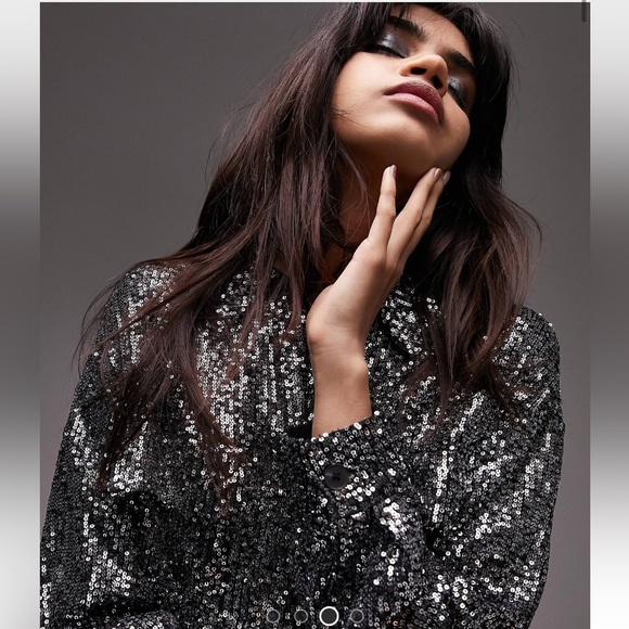Topshop Tailored Mini Sequin Shacket in Silver - Picture 2 of 4
